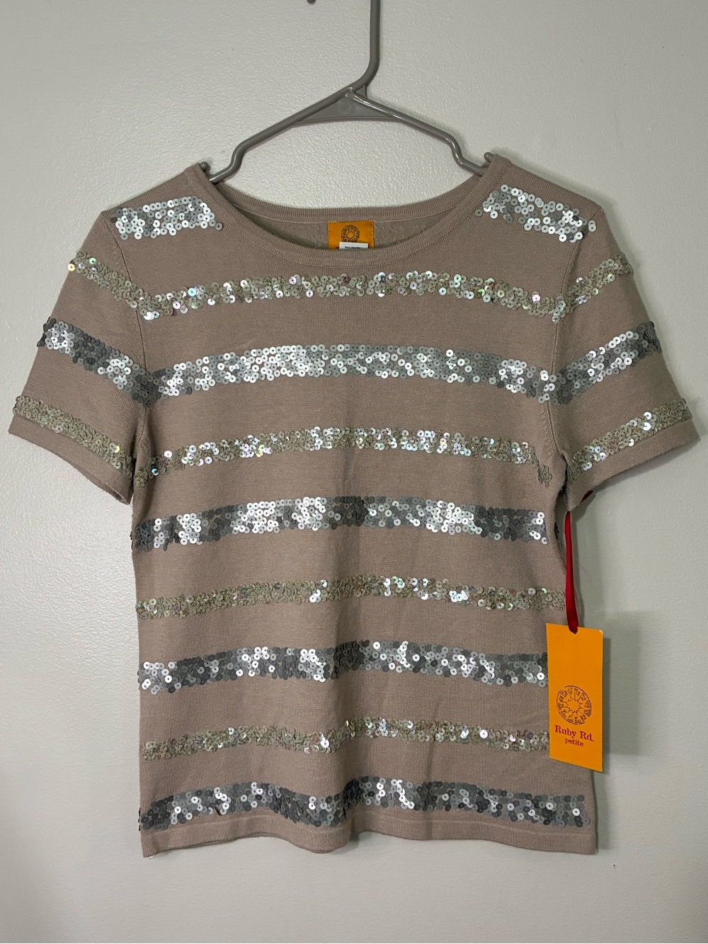 Ruby Rd. Taupe Short Sleeve Sequin Stripe Top